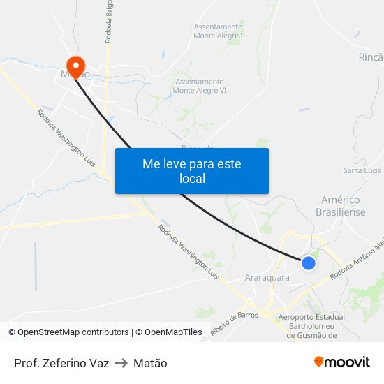 Prof. Zeferino Vaz to Matão map