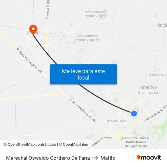 Marechal Oswaldo Cordeiro De Faria to Matão map