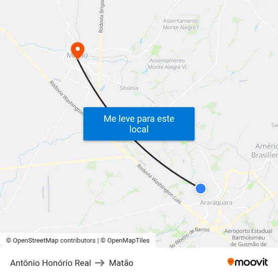 Antônio Honório Real to Matão map