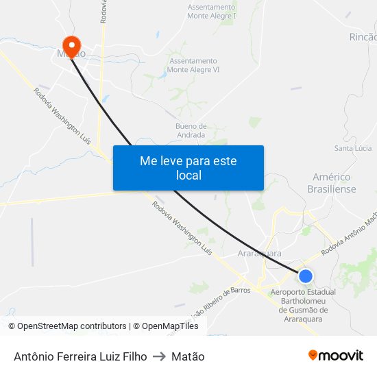 Antônio Ferreira Luiz Filho to Matão map