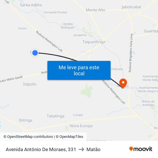 Avenida Antônio De Moraes, 331 to Matão map