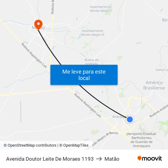 Avenida Doutor Leite De Moraes 1193 to Matão map