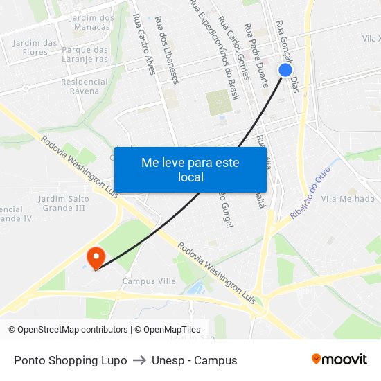 Ponto Shopping Lupo to Unesp - Campus map