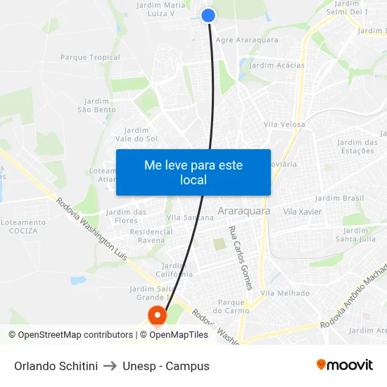 Orlando Schitini to Unesp - Campus map