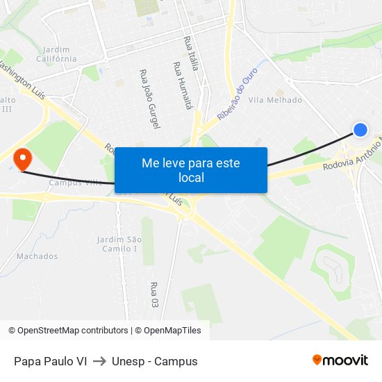 Papa Paulo VI to Unesp - Campus map