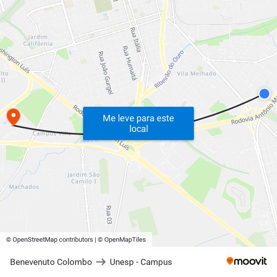 Benevenuto Colombo to Unesp - Campus map