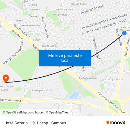 José Cezarini to Unesp - Campus map