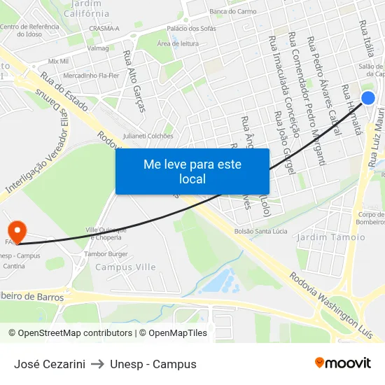 José Cezarini to Unesp - Campus map