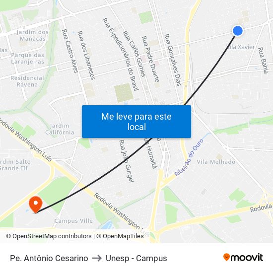 Pe. Antônio Cesarino to Unesp - Campus map