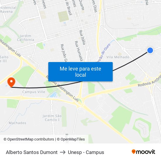 Alberto Santos Dumont to Unesp - Campus map
