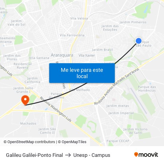 Galileu Galilei-Ponto Final to Unesp - Campus map