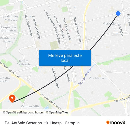 Pe. Antônio Cesarino to Unesp - Campus map