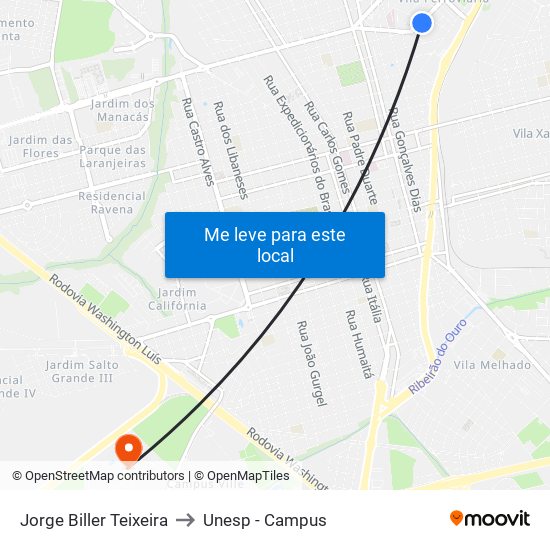 Jorge Biller Teixeira to Unesp - Campus map