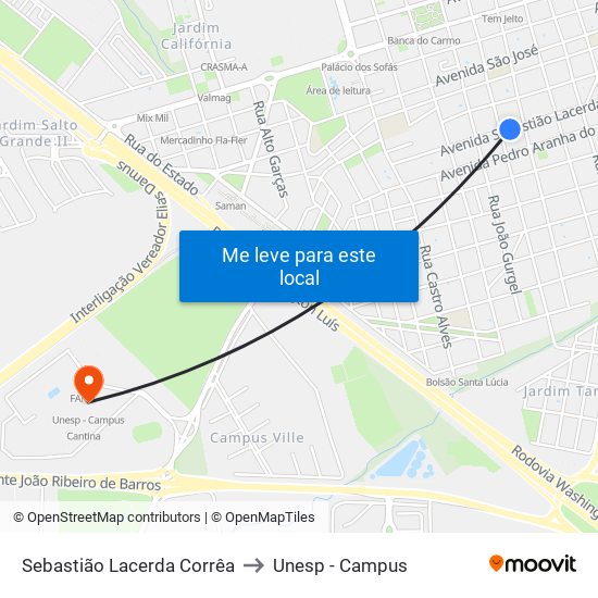 Sebastião Lacerda Corrêa to Unesp - Campus map