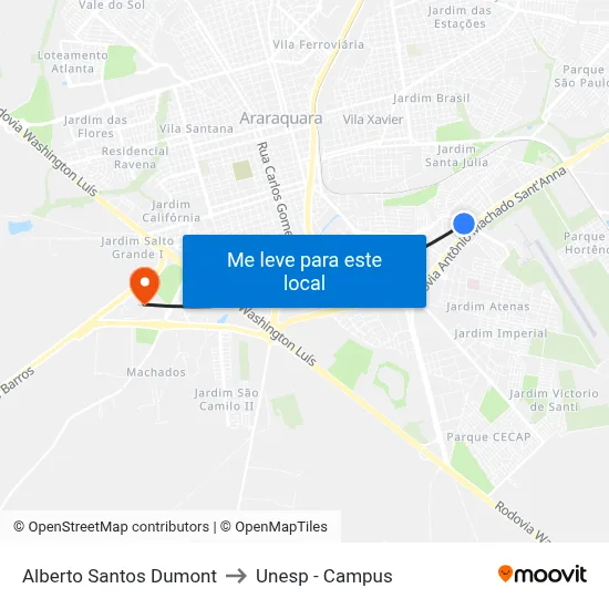 Alberto Santos Dumont to Unesp - Campus map