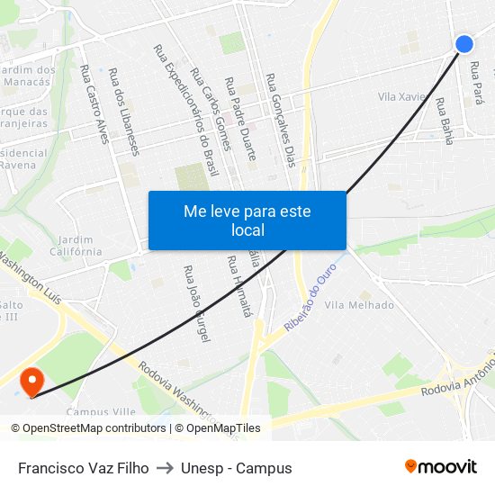 Francisco Vaz Filho to Unesp - Campus map