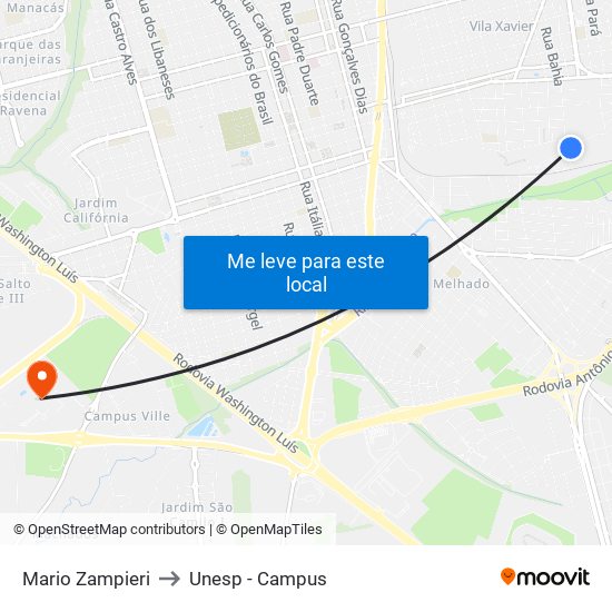 Mario Zampieri to Unesp - Campus map