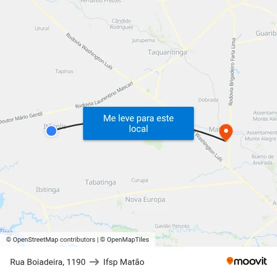 Rua Boiadeira, 1190 to Ifsp Matão map