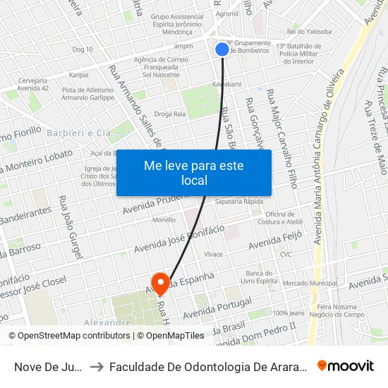 Nove De Julho to Faculdade De Odontologia De Araraquara map