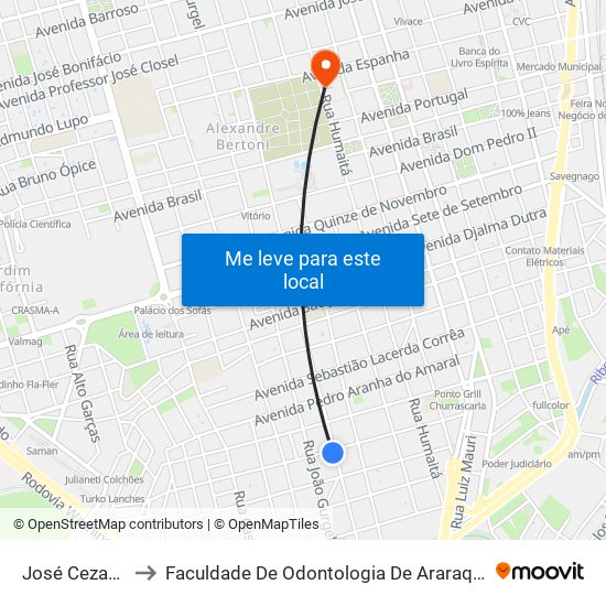 José Cezarini to Faculdade De Odontologia De Araraquara map