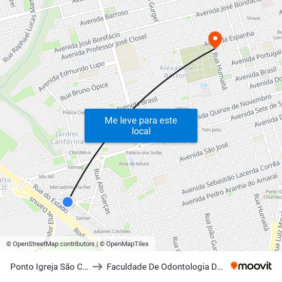 Ponto Igreja São Cristóvão to Faculdade De Odontologia De Araraquara map