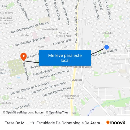 Treze De Maio to Faculdade De Odontologia De Araraquara map