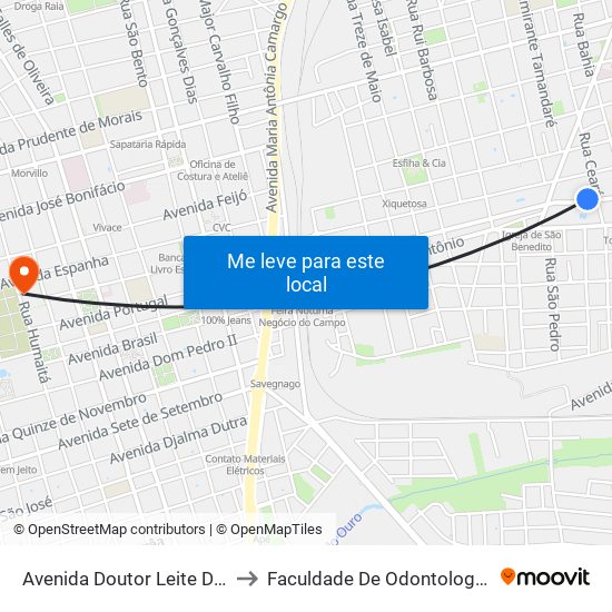 Avenida Doutor Leite De Moraes 1193 to Faculdade De Odontologia De Araraquara map