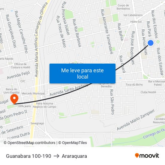Guanabara 100-190 to Araraquara map