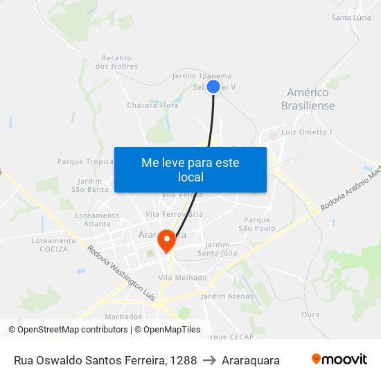 Rua Oswaldo Santos Ferreira, 1288 to Araraquara map