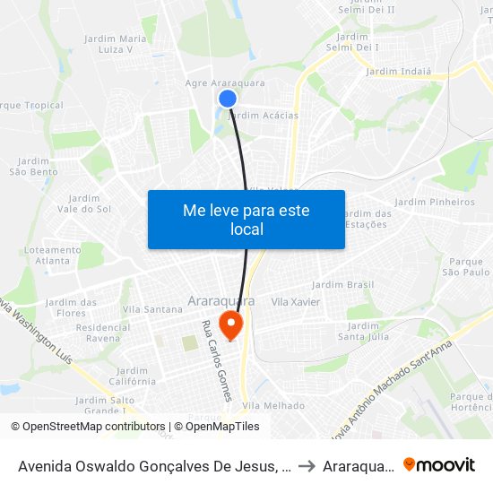 Avenida Oswaldo Gonçalves De Jesus, 61 to Araraquara map