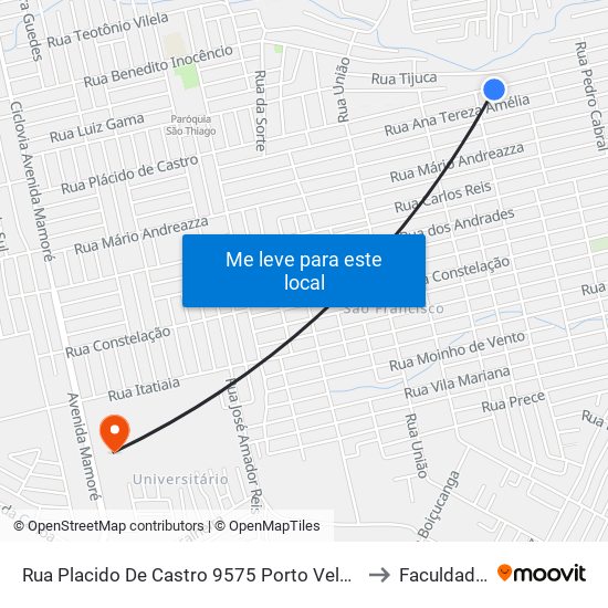 Rua Placido De Castro 9575 Porto Velho - Rondônia 76828 Brasil to Faculdade Uniron map