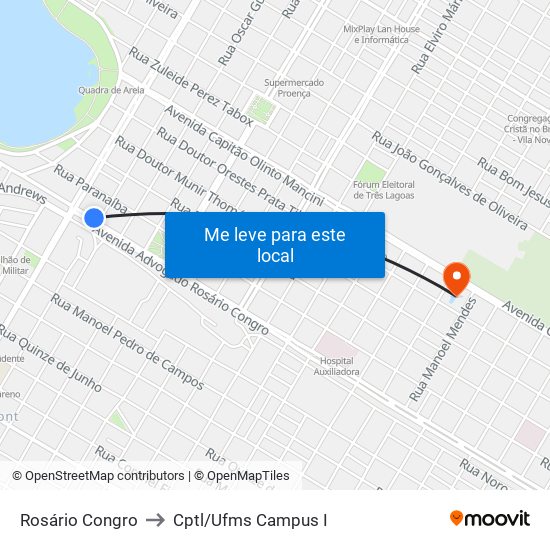 Rosário Congro to Cptl/Ufms Campus I map