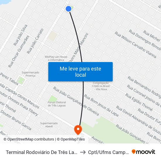 Terminal Rodoviário De Três Lagoas to Cptl/Ufms Campus I map