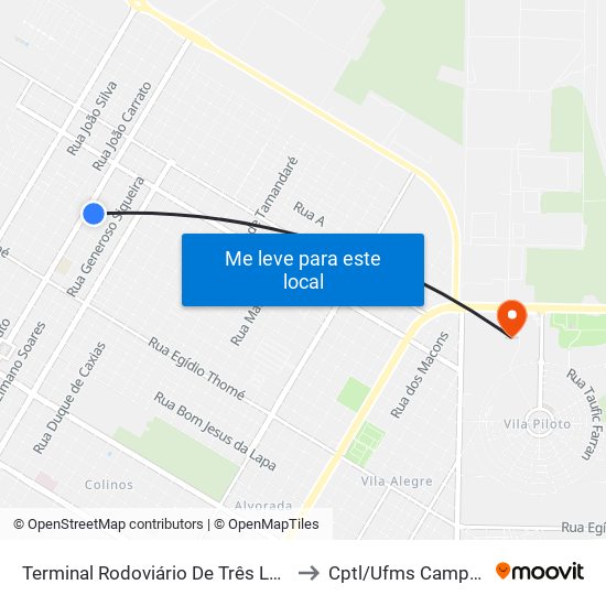 Terminal Rodoviário De Três Lagoas to Cptl/Ufms Campus II map