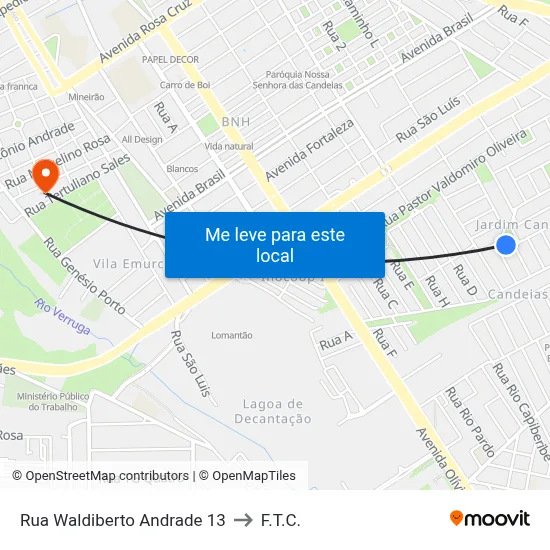 Rua Waldiberto Andrade 13 to F.T.C. map