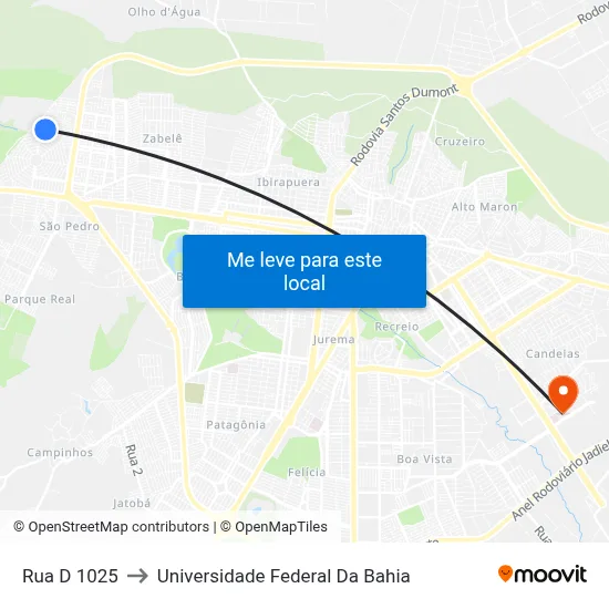 Rua D 1025 to Universidade Federal Da Bahia map