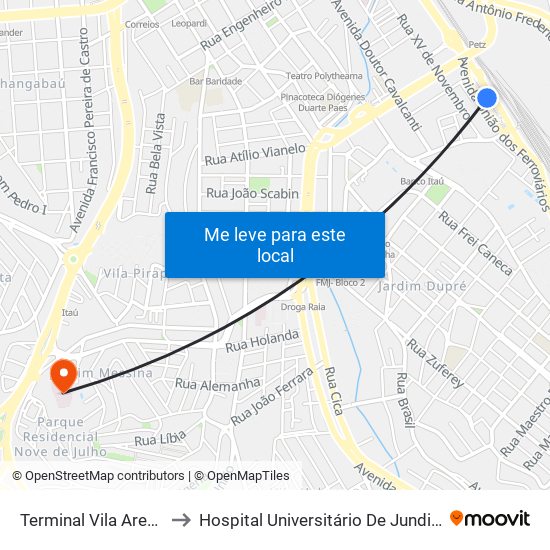 Terminal Vila Arens to Hospital Universitário De Jundiaí map