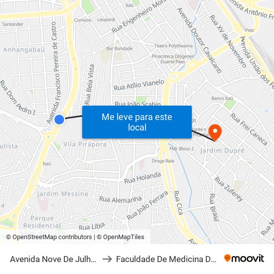 Avenida Nove De Julho, 3200 to Faculdade De Medicina De Jundiaí map