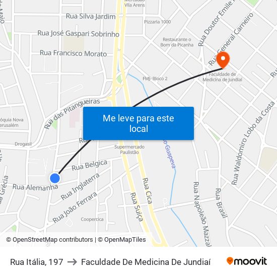 Rua Itália, 197 to Faculdade De Medicina De Jundiaí map