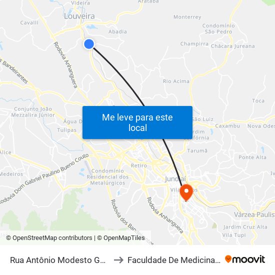 Rua Antônio Modesto Gumieiro, 132 to Faculdade De Medicina De Jundiaí map