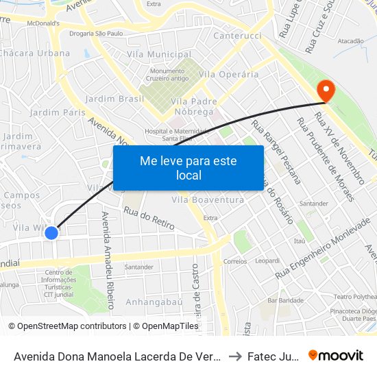 Avenida Dona Manoela Lacerda De Vergueiro, 210 to Fatec Jundiaí map