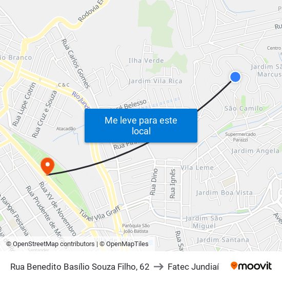 Rua Benedito Basílio Souza Filho, 62 to Fatec Jundiaí map