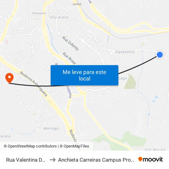Rua Valentina De Castro, 414 to Anchieta Carreiras Campus Professor Pedro C. Fornari map