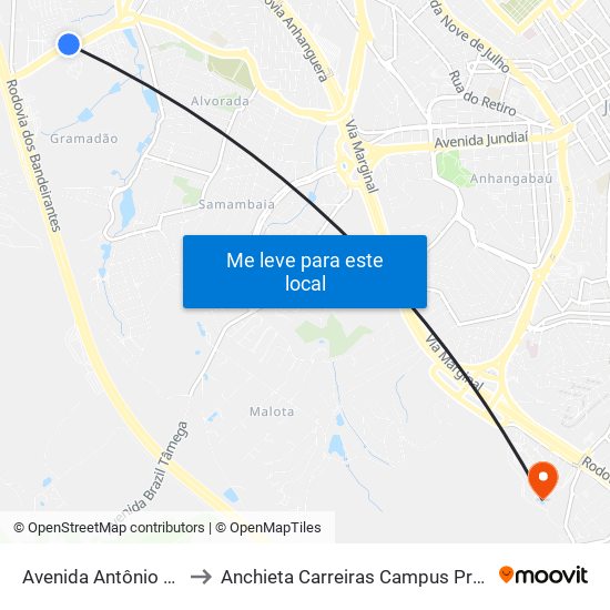 Avenida Antônio Pincinato, 3388 to Anchieta Carreiras Campus Professor Pedro C. Fornari map