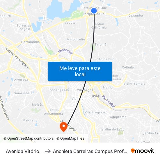 Avenida Vitório Pavan, 150 to Anchieta Carreiras Campus Professor Pedro C. Fornari map