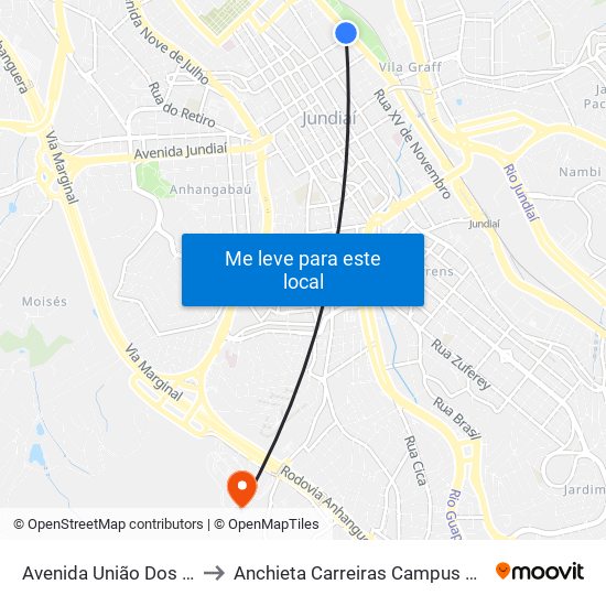 Avenida União Dos Ferroviários, 1811 to Anchieta Carreiras Campus Professor Pedro C. Fornari map