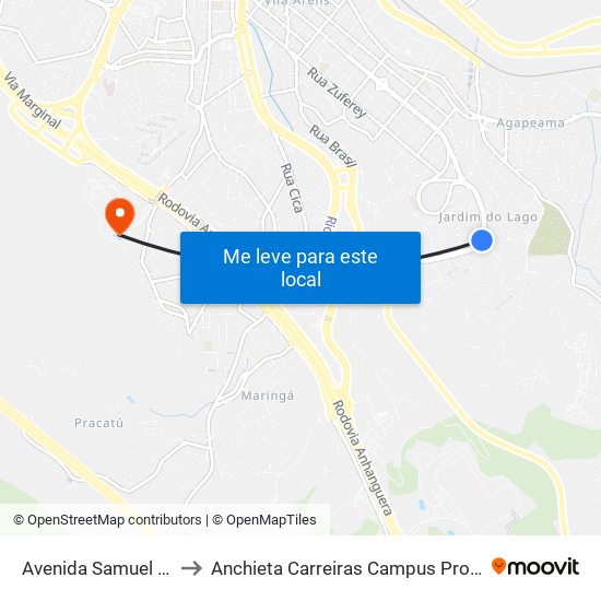 Avenida Samuel Martins, 2065 to Anchieta Carreiras Campus Professor Pedro C. Fornari map