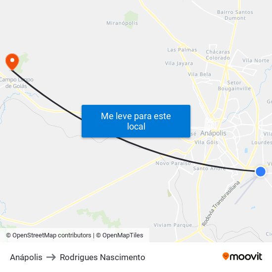 Anápolis to Rodrigues Nascimento map