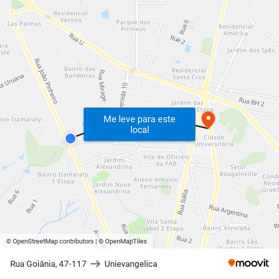 Rua Goiânia, 47-117 to Unievangelica map