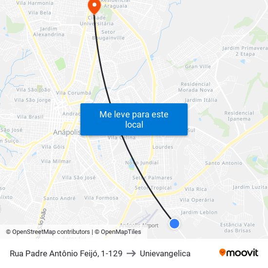 Rua Padre Antônio Feijó, 1-129 to Unievangelica map